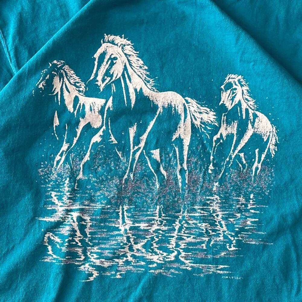 Vintage 1990s Three Horses Graphic Blue T-Shirt - Picture 2 of 5